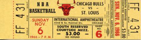 1966 Chicago Bulls vs. St. Louis Hawks Full Ticket Inaugural Season Of Bulls 
