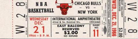1966 Chicago Bulls vs. New York Knicks  Full Ticket Inaugural Season Of Bulls First Franchise Win vs. Knicks 
