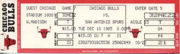 1985 Chicago Bulls Michael Jordan Sophomore Season Full Ticket vs. Spurs 