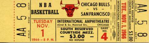 1966 Chicago Bulls vs. San Francisco Warriors  Full Ticket Inaugural Season Of Bulls