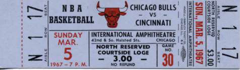 1967-67 Chicago Bulls vs. Cincinnati Royals Full Ticket First Year of Bulls 