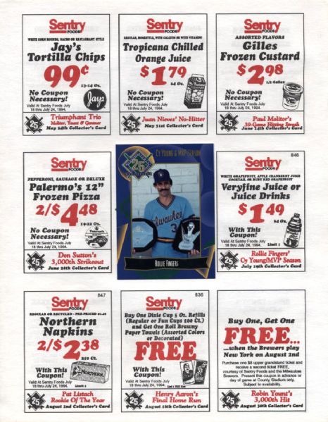 1994 Rollie Fingers Milwaukee Brewers Rare Give Away Card w/ Promotional Flier - Lot of 16
