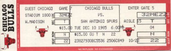 1985 Chicago Bulls vs. San Antonio Spurs Full Ticket Michael Jordans Second Year 