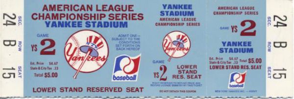 1981 New York Yankees vs. Oakland As Game 2 Full Ticket 