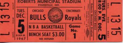 1967 Chicago Bulls vs. Cincinnati Royals Full Ticket - Big Os 37 Not Quite Enough