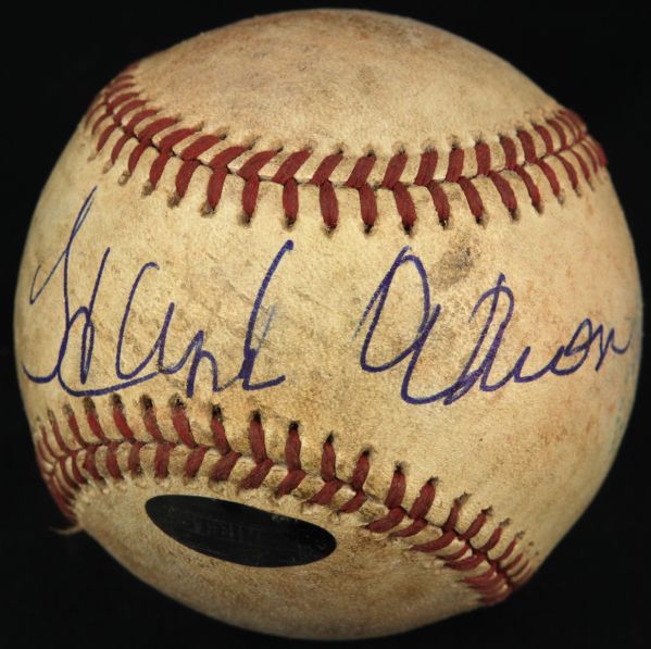 1975-76 Hank Aaron Milwaukee Brewers Game Used County Stadium Signed OAL (Mac Phail) Baseball (Steiner Hologram) / MEARS LOA