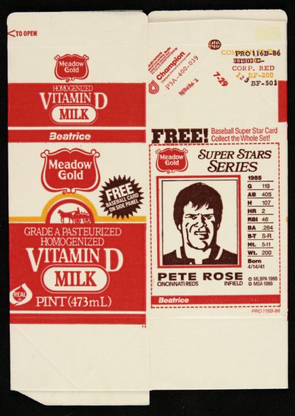 1986 Pete Rose Cincinnati Reds Meadow Gold Milk Carton - Unused