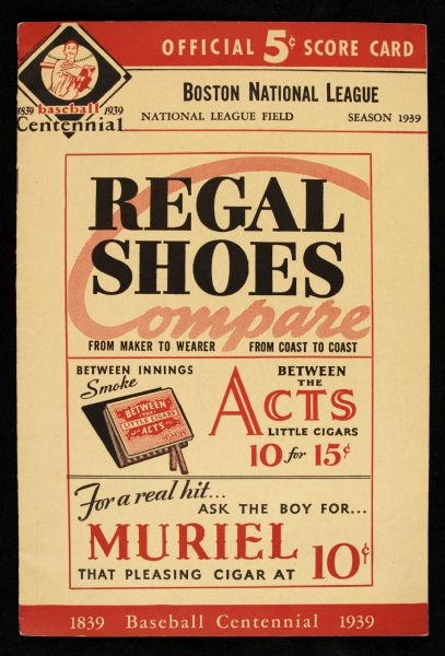 1939 Boston Braves Braves Field Pittsburgh Pirates Scorecard