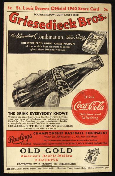 1940 St. Louis Browns Sportsmans Park New York Yankees Scorecard