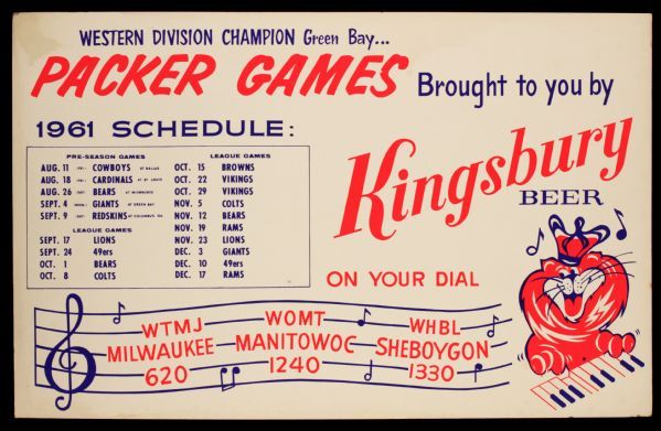 1961 Near Mint, High Grade Green Bay Packers Kingsbury Schedule 22" x 14" Broadside - Unscored