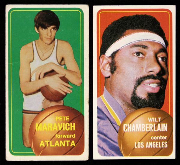 1970 Topps Tall Boy Pistol Pete Maravich Atlanta Hawks Rookie & Wilt Chamberlain Los Angeles Lakers Card  