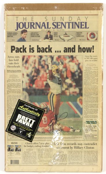 1996 Milwaukee Journal Sentinel Front Page Signed by Brett Favre with Favre COA (MEARS LOA)