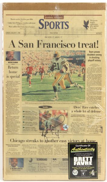 1996 Milwaukee Journal Sentinel Sports Page Signed by Brett Favre with Favre COA (MEARS LOA)