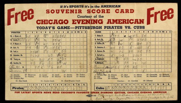 1937 Chicago Cubs vs. Pittsburgh Pirates Augie Galan Photo Scorecard Honus Wagner Coach for Bucs 