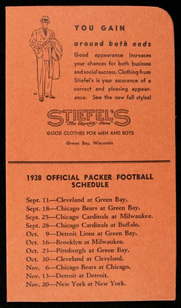 1938 Green Bay Packers Stiefels Clothing Store Promotional Pocket Wallet Schedule