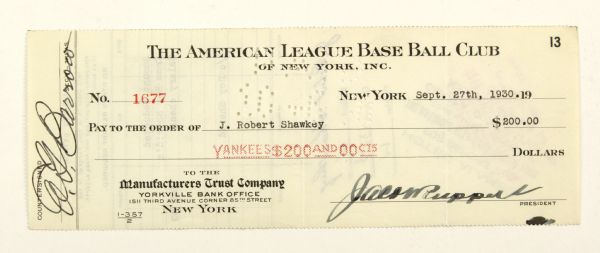 1938 Robert Shawkey New York Yankees Team Payroll Check Also Signed by HOFer Ed Barrow & Owner Jacob Ruppert - JSA 
