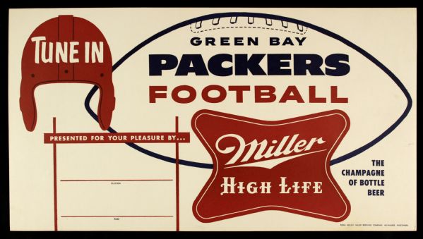 1960s Green Bay Packers Miller High Life 20 1/2" x 11 1/2" Promotional