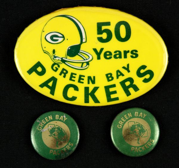 1960s Green Bay Packers Pinback Button w/1969 50th Anniversary Pin (Lot of 3) 