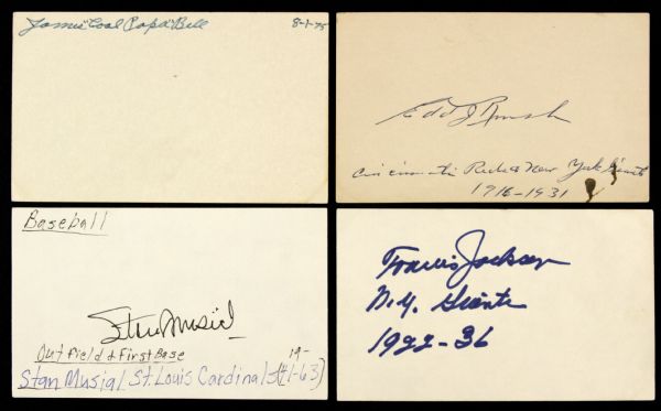 1970s-80s Baseball Greats Signed Index Card w/James Cool Papa Bell Musial Travis Jackson Edd Roush DiMaggio Lloyd Waner Frisch Carey Medwick (Lot of 9) -JSA  