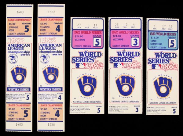 1982 Milwaukee Brewers Full ALCS Ticket (2) & World Series Ticket (3) - Clean Examples