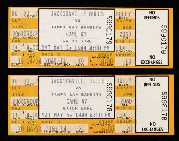 1984 Jacksonville Bulls vs. Tampa Bay Bandits USFL Full Ticket (Lot of 2) 