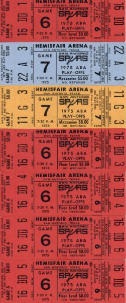 1975 San Antonio Spurs ABA Playoffs Full Ticket - Lot of 7