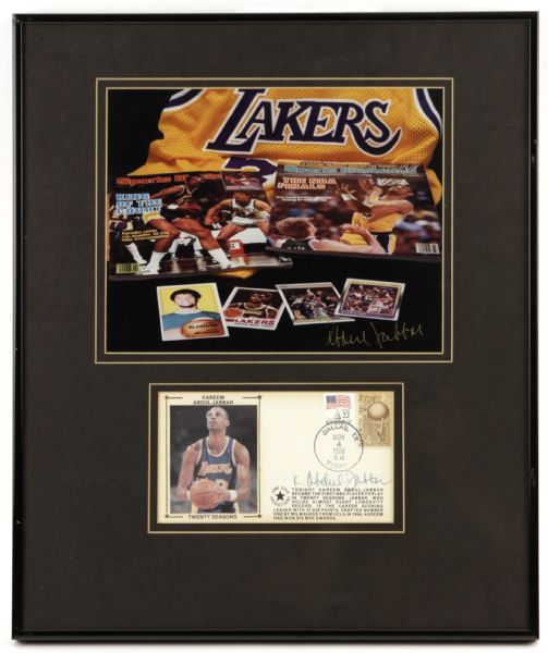 1988 Kareem Abdul Jabbar Los Angeles Lakers Signed First Day Cachet & Photo  14 1/2" x 17" Display - JSA 