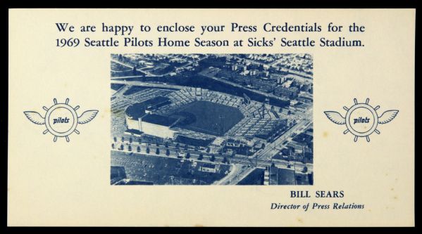 1969 Very Rare Near Mint Seattle Pilots Press Pass Credential and Original Display Card
