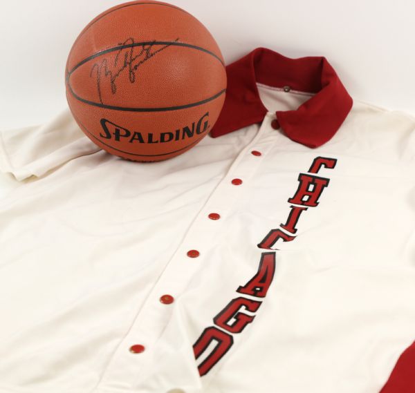 1984-86 circa Michael Jordan (attributed) Chicago Bulls Game Worn Shooting Jacket & Vintage Signed Official NBA Game Basketball (MEARS LOA & JSA)