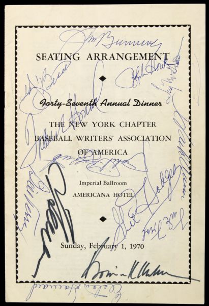 1970 The New York Baseball Writers Dinner Booklet w/13 Sigs. Incl. Tug McGraw Frank Frisch Bowie Kuhn Elston Howard - JSA 