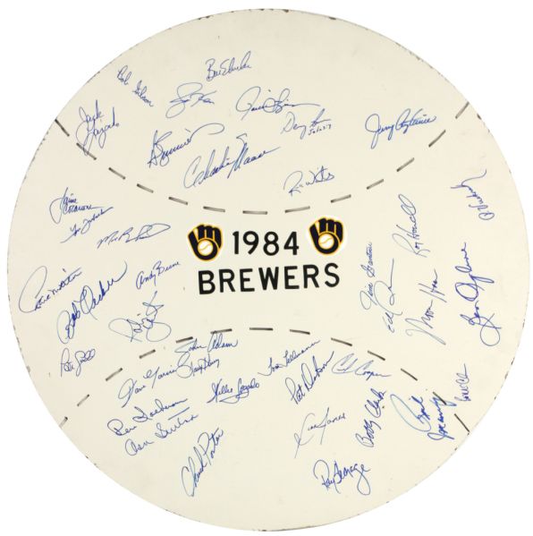 1984 Milwaukee Brewers Team Signed Home Made Masonite 22 1/2" Display w/36 Sigs. Incl. Yount Molitor Vuckovich Uecker Fingers Sutton  (MEARS LOA)