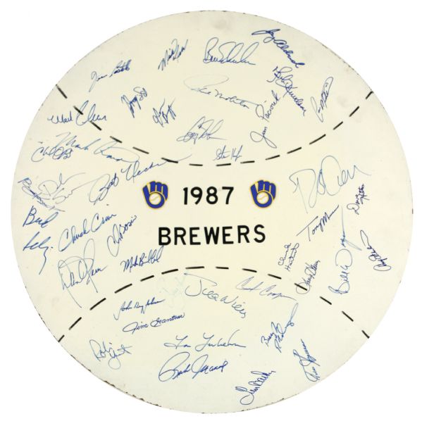 1987 Milwaukee Brewers Team Signed Home Made Masonite 23" Display w/38 Sigs. Incl. Yount Molitor Selig Uecker (MEARS LOA) 