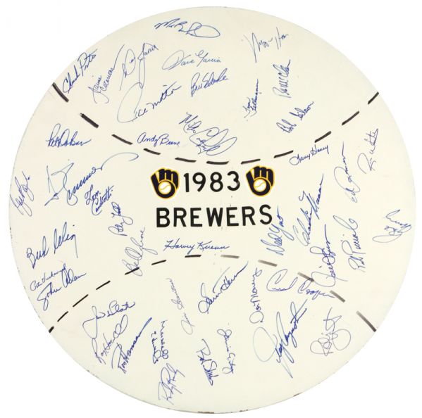 1983 Milwaukee Brewers Team Signed Home Made Masonite 21" Display w/ 44 Sigs. Incl. Vuckovich Selig Yount Molitor Kuenn Edwards Cooper (MEARS LOA)