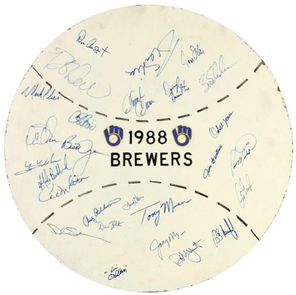 1988 Milwaukee Brewers Signed Home Made Masonite 21" Display w/27 Sigs. Incl. Yount Molitor (MEARS LOA)