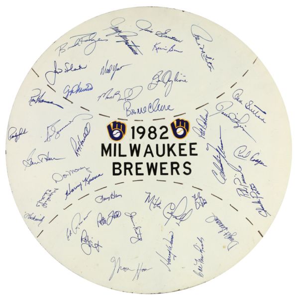 1982 Milwaukee Brewers Team Signed Home Made Masonite 22" Display w/38 Sigs. Incl. Yount Molitor Vuckovich Edwards Kuenn Sutton Fingers (MEARS LOA)