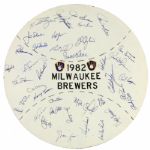 1982 Milwaukee Brewers Team Signed Home Made Masonite 22" Display w/38 Sigs. Incl. Yount Molitor Vuckovich Edwards Kuenn Sutton Fingers (MEARS LOA)