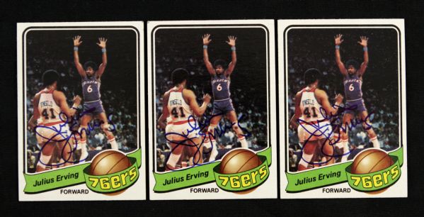 1979-80 Julius Erving Philadelphia 76ers Signed Topps Card (Lot of 3) - JSA