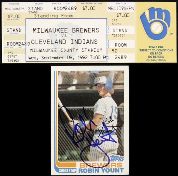 1982-92 Robin Yount Milwaukee Brewers 3,000 Hit Full Ticket & Signed Topps Card (MEARS LOA)