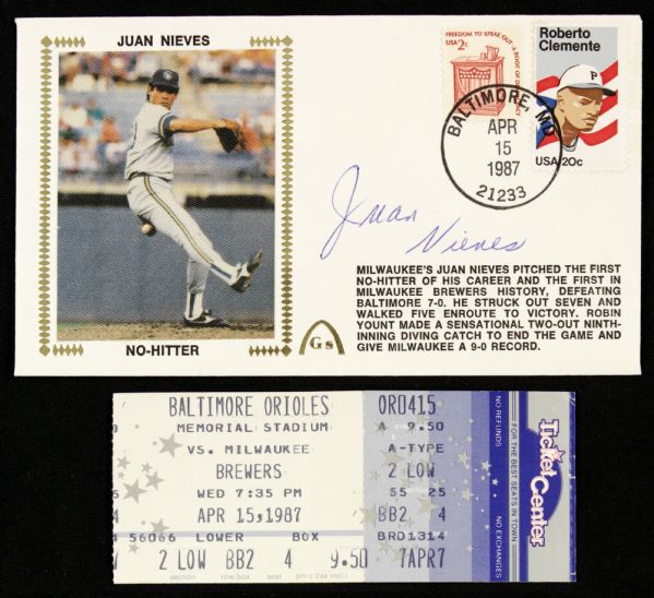 1987 Juan Nieves Milwaukee Brewers Full Ticket to No-Hitter & Signed First Day Cover (MEARS LOA)
