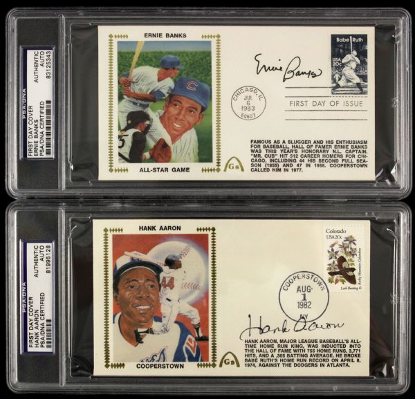 1979-83 Ernie Banks Hank Aaron Willie Mays Signed First Day Cover - PSA/DNA Encapsulated - Lot of 3