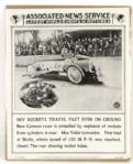 1928 Associated News Service 14" x 17" German Racer Reaches 150 MPH Sheet 