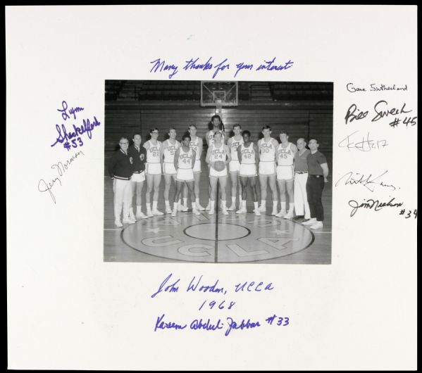1968 UCLA Bruins Signed 16" x 20" Photo Display w/9 Sigs. Incl. John Wooden Inscription & Full Name Kareem Abdul Jabbar - JSA 