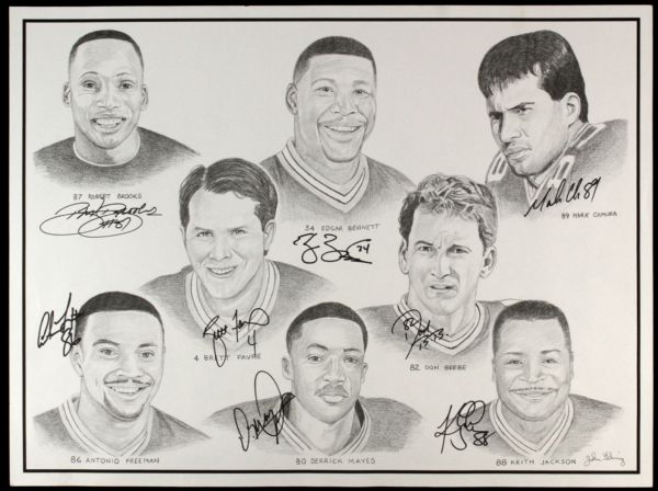 1996 Green Bay Packers Team-Signed 24" x 18" Lithograph - Offense & Defense w/ Favre White Simmons - JSA 