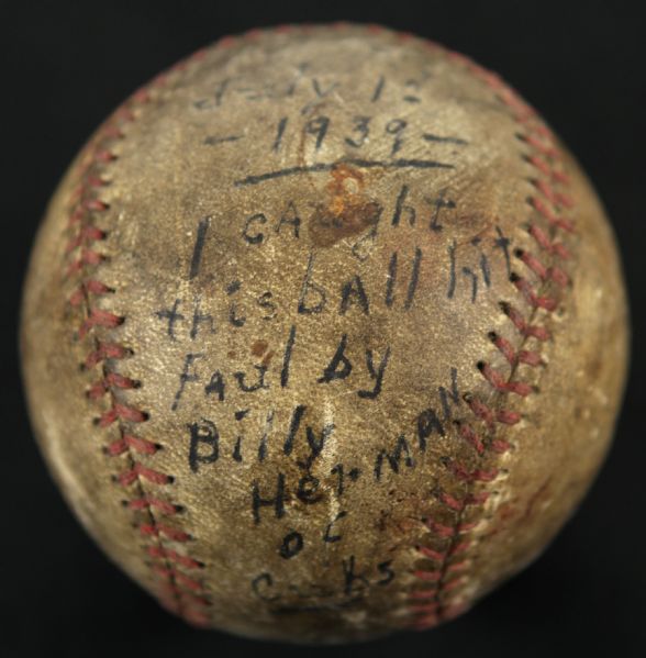 1939 Exhibition Game Used Baseball w/Reference to Being Hit By Billy Herman 
