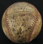 1939 Exhibition Game Used Baseball w/Reference to Being Hit By Billy Herman 