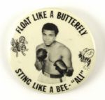 1970s Muhammad Ali 2 1/2" Pinback Button "Float Like a Butterfly Sting Like A Bee"