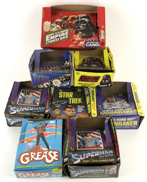 1978-83 Non Sports Unopened Box w/Some Wrappers w/Star Wars Superman Grease  (Lot of 7) 