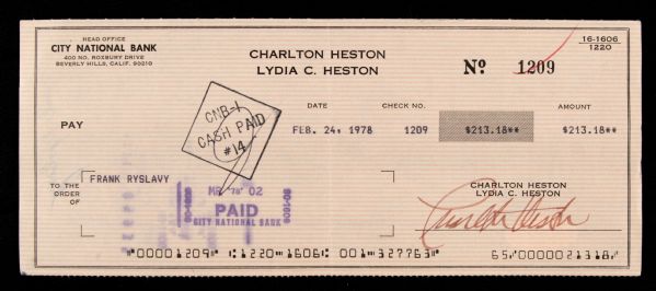 1978 Charlton Heston Signed Bank Check - JSA Certificate & Sticker 
