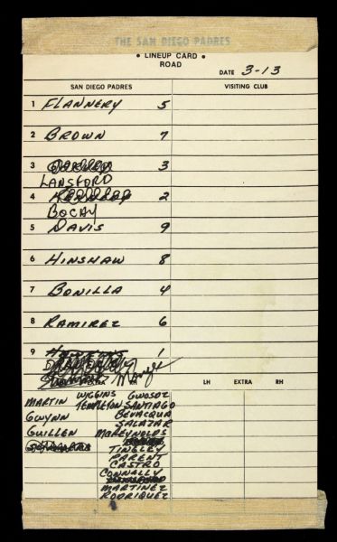 1984 San Diego Padres Lineup Card w/Tony Gwynn Listed As Extra During World Series Season