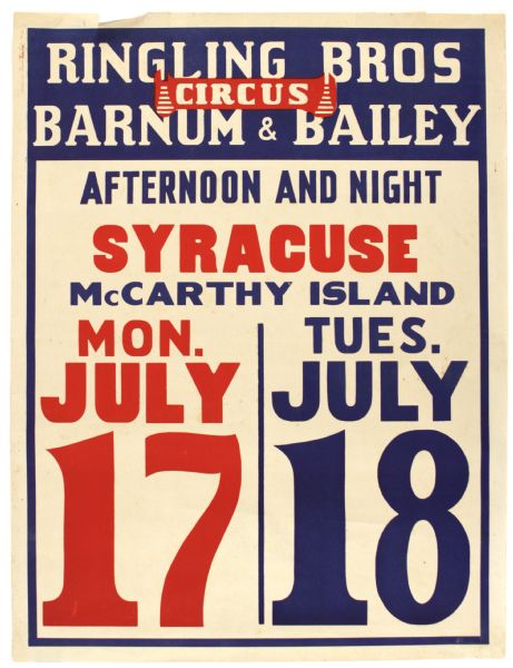1940s Ringling Bros. and Barnum & Bailey 21" x 27" Syracuse Circus Poster 